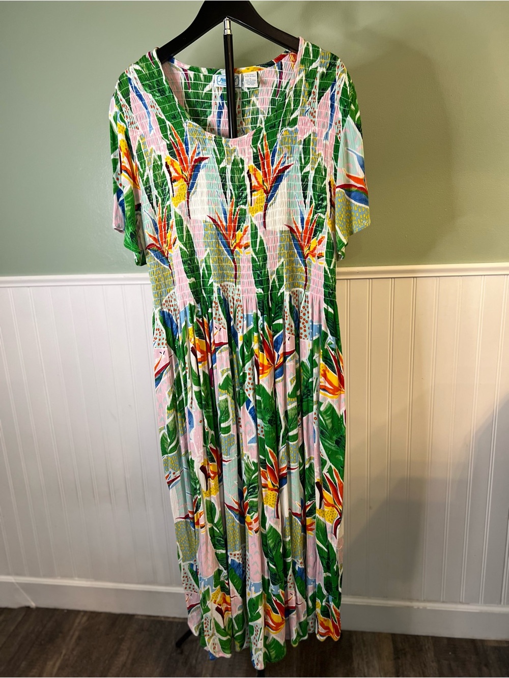 National Brand Smocked Cotton Tropical Maxi Dress in Colorful Print. Size L